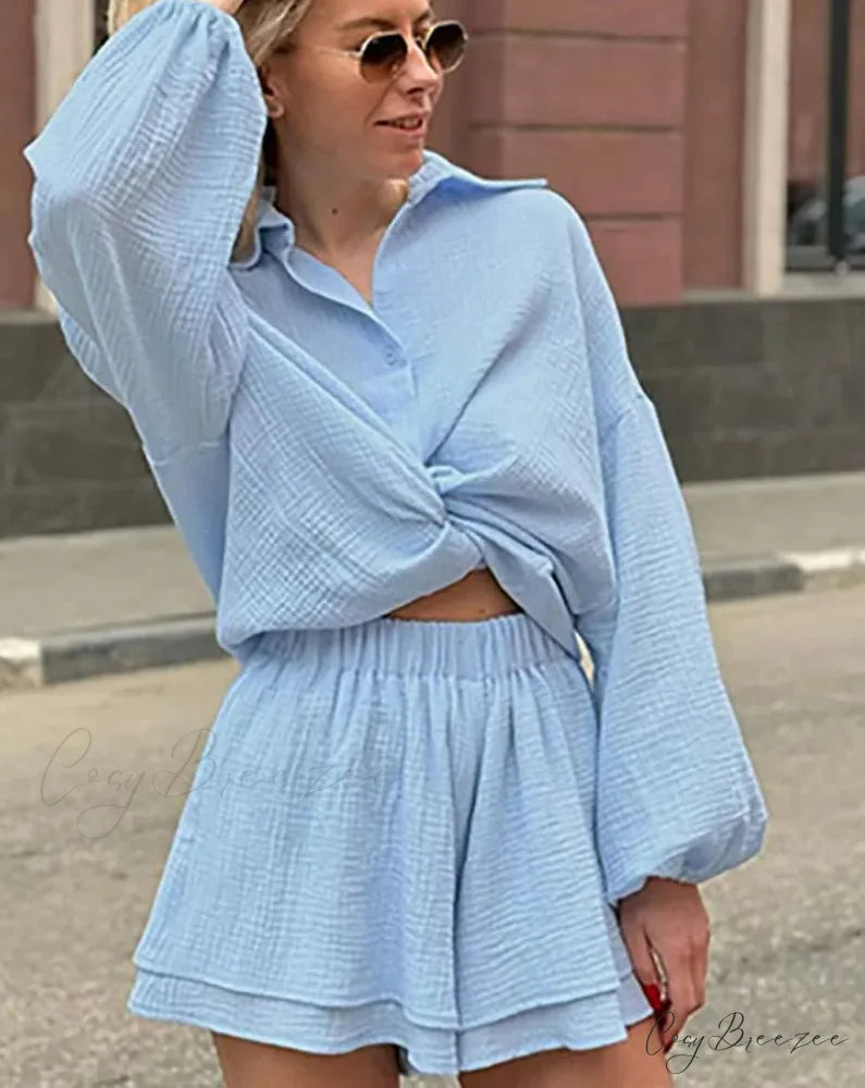 Blue Cotton Single Breasted Shorts Office Set officetwopieceset-250223