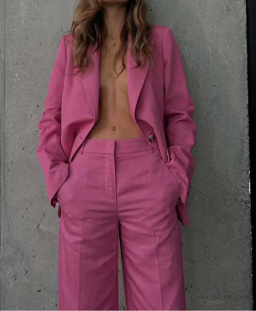 Blue Cotton Single Button Wide Pants Office Set Pink / S officetwopieceset-250223