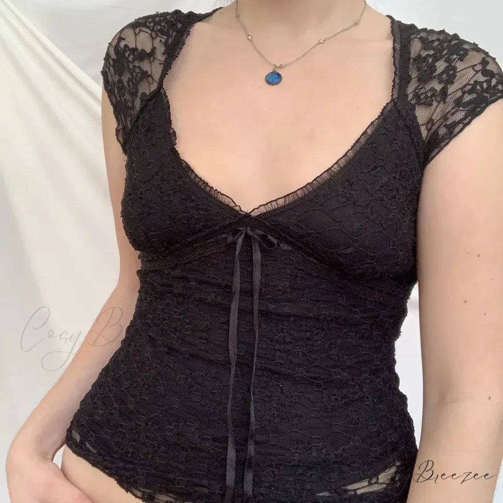 Blue Floral Lace Milkmaid Y2K Crop Top BLACK1 / S croptop-250126