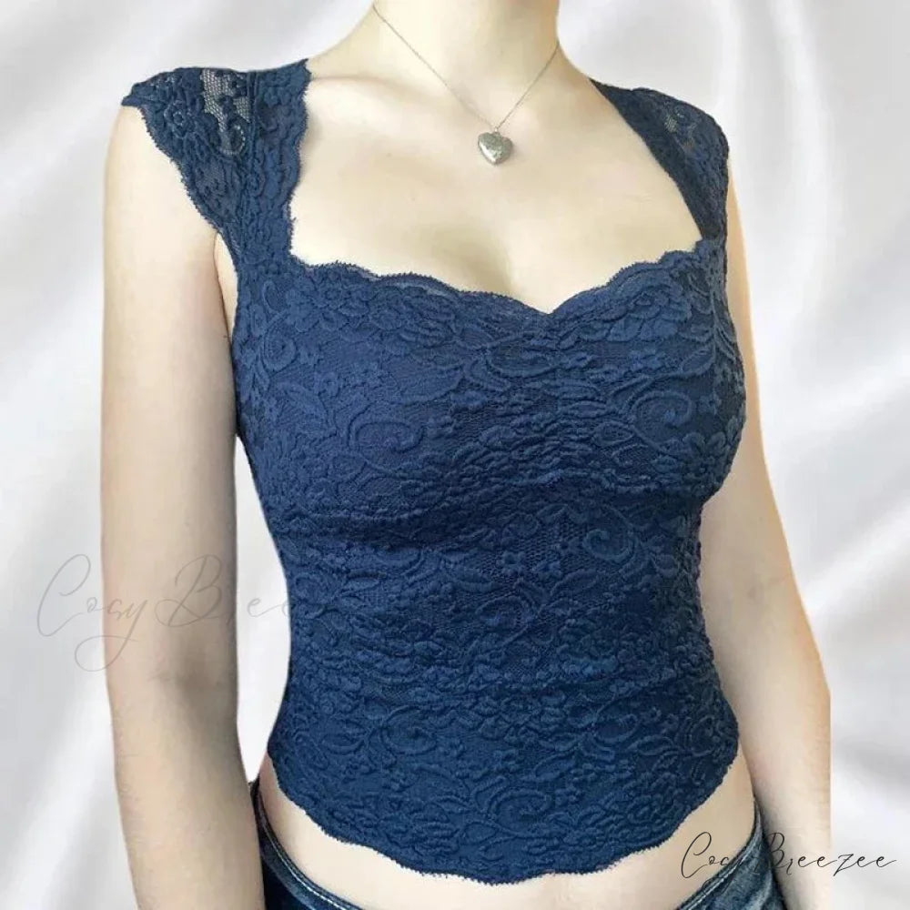 Blue Floral Lace Milkmaid Y2K Crop Top croptop-250126