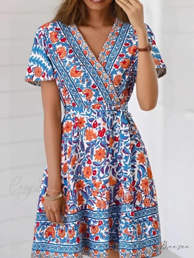 Blue Floral Print Cross V-neck Wrap Summer Mini Dress Blue / S bohodress-250126