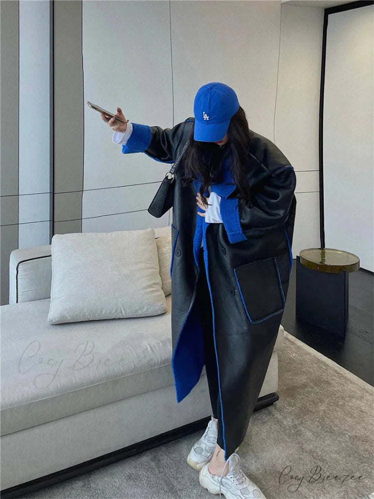 Blue Fur Double-Sided Charming Leather Long Jacket