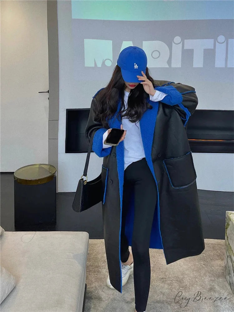 Blue Fur Double-Sided Charming Leather Long Jacket