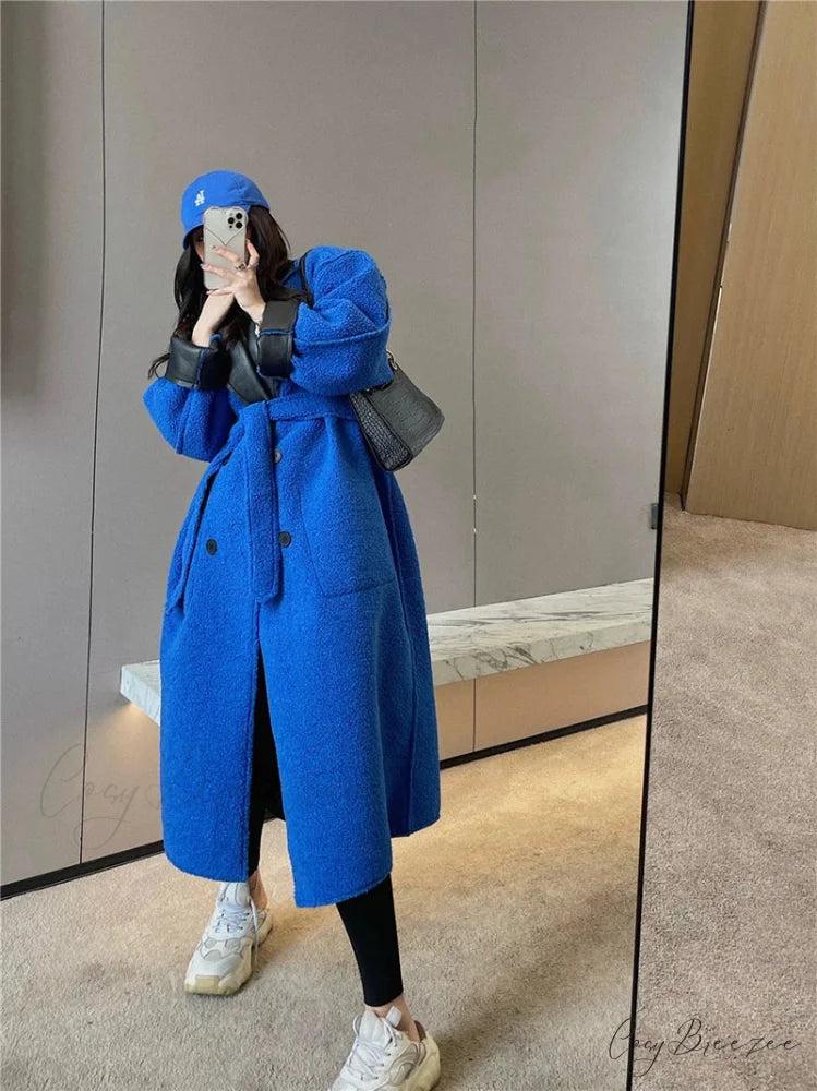 Blue Fur Double-Sided Charming Leather Long Jacket