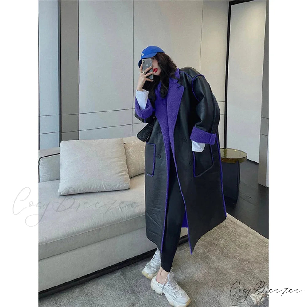 Blue Fur Double-Sided Charming Leather Long Jacket Black Purple / S