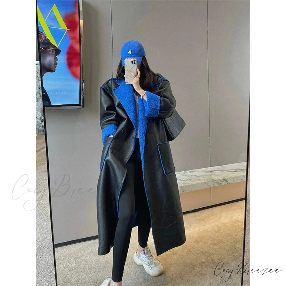 Blue Fur Double-Sided Charming Leather Long Jacket Black Blue / S