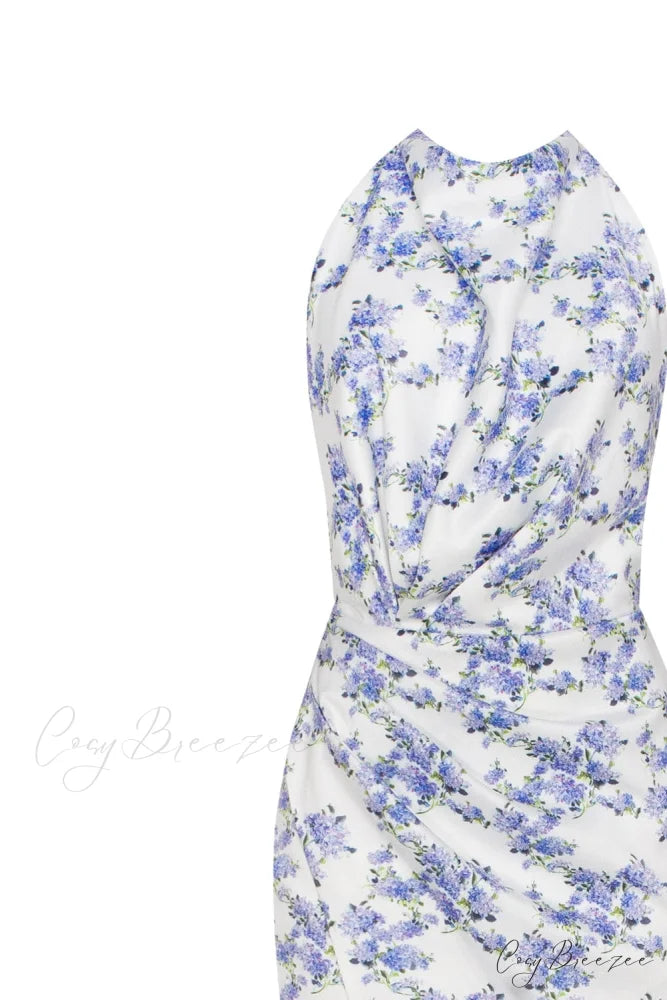 Blue Hydrangea Mock Charming Neck Sleeveless Evening Dress