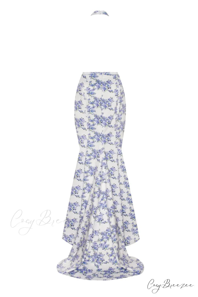 Blue Hydrangea Mock Charming Neck Sleeveless Evening Dress