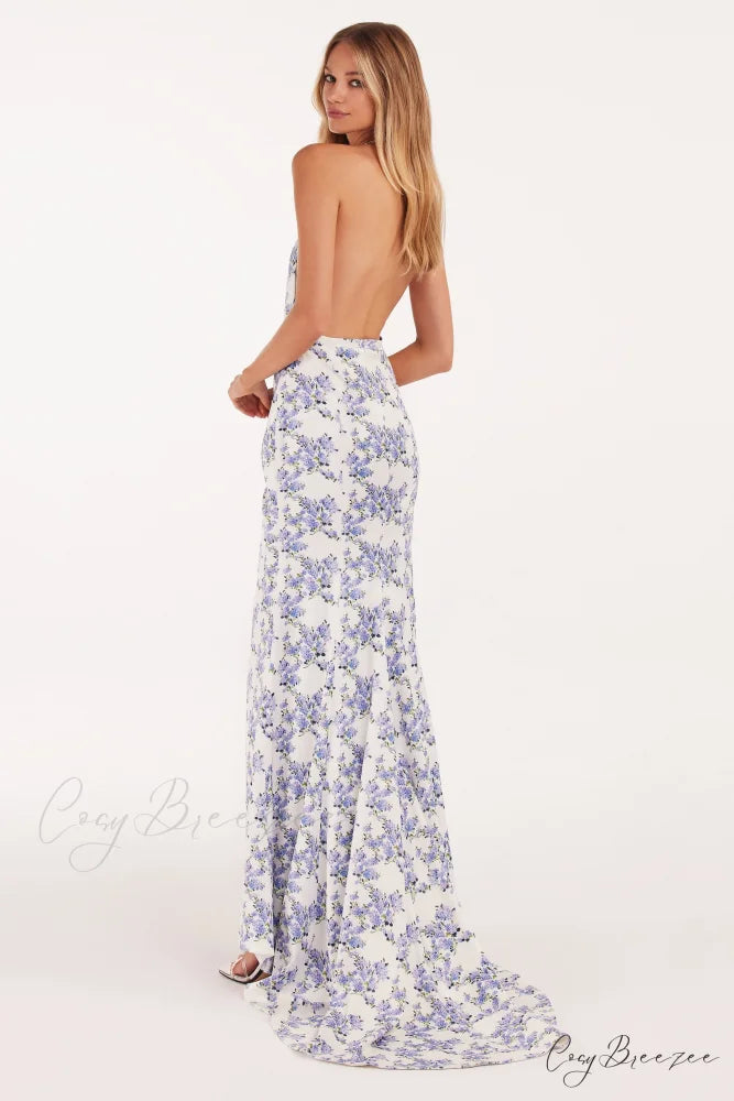 Blue Hydrangea Mock Charming Neck Sleeveless Evening Dress