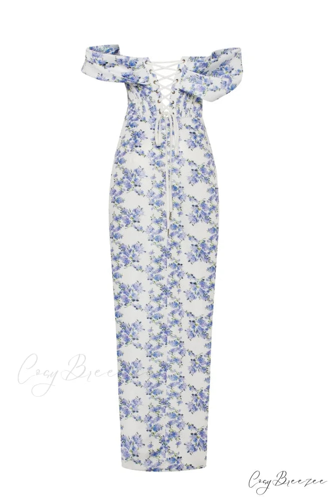 Blue Hydrangea Stylish Off-Shoulder Satin Dress