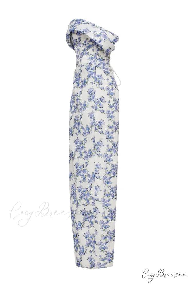 Blue Hydrangea Stylish Off-Shoulder Satin Dress