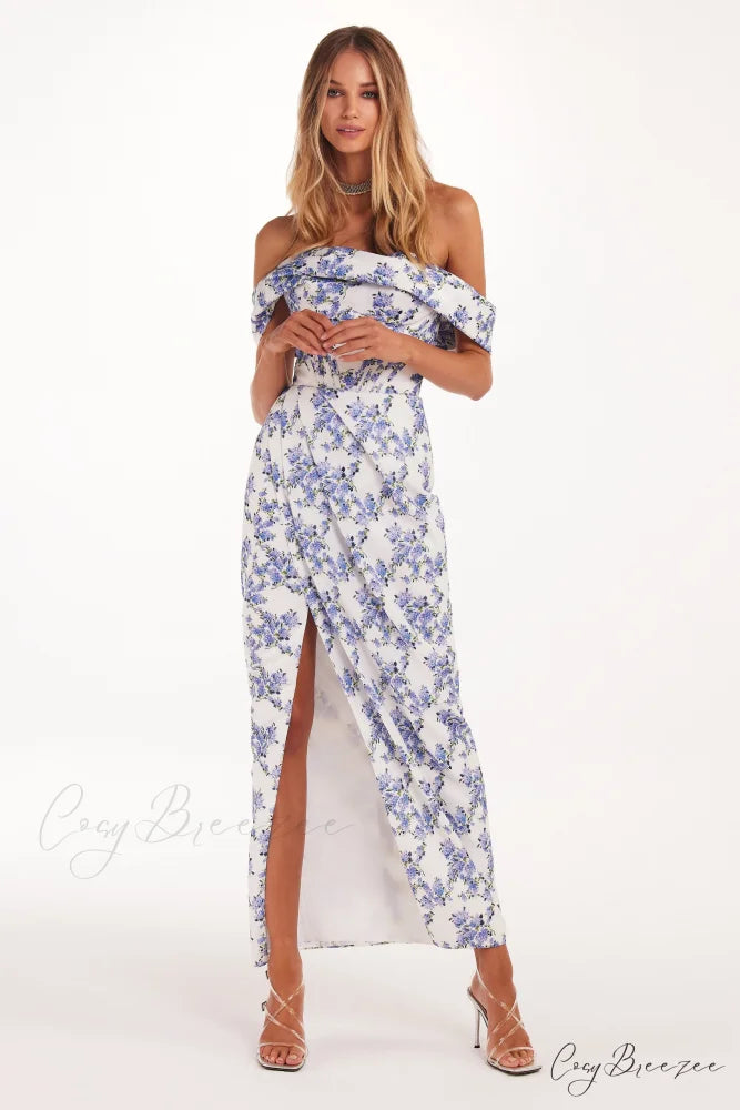 Blue Hydrangea Stylish Off-Shoulder Satin Dress