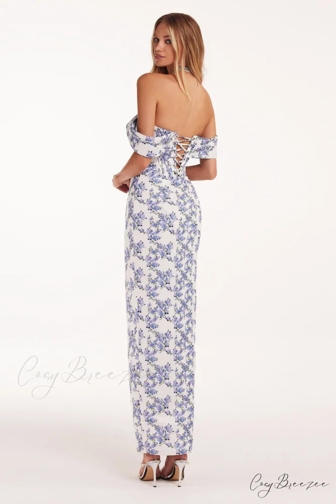 Blue Hydrangea Stylish Off-Shoulder Satin Dress