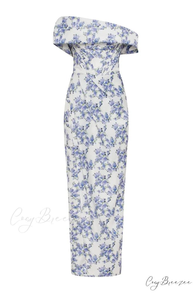 Blue Hydrangea Stylish Off-Shoulder Satin Dress XXS / Blue Hydrangea