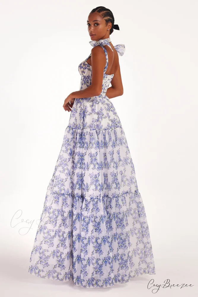 Blue Hydrangea Tender Charming Tie-Strap Maxi Dress