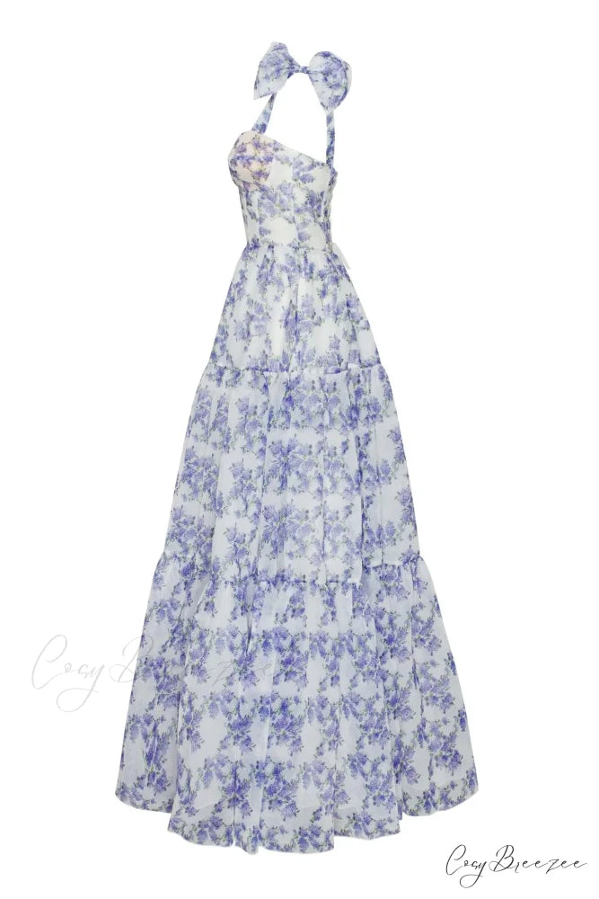 Blue Hydrangea Tender Charming Tie-Strap Maxi Dress