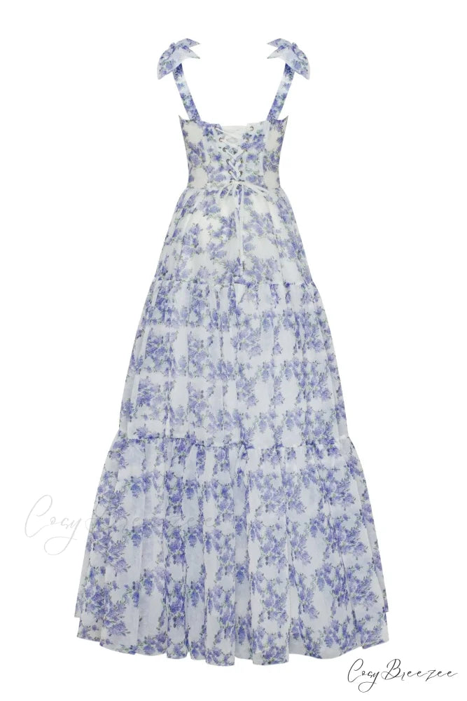 Blue Hydrangea Tender Charming Tie-Strap Maxi Dress