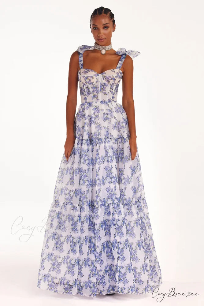 Blue Hydrangea Tender Charming Tie-Strap Maxi Dress