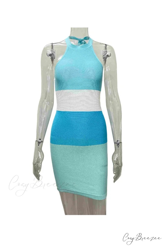 Blue Knit Dress with Tie-back and Contrast Stripes