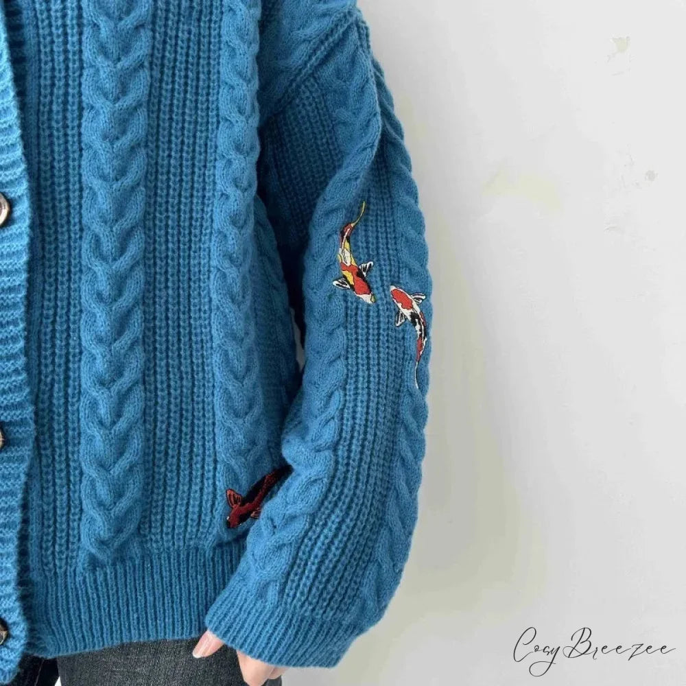 Blue Koi V-neck Embroidered Cardigan cardigans-241228