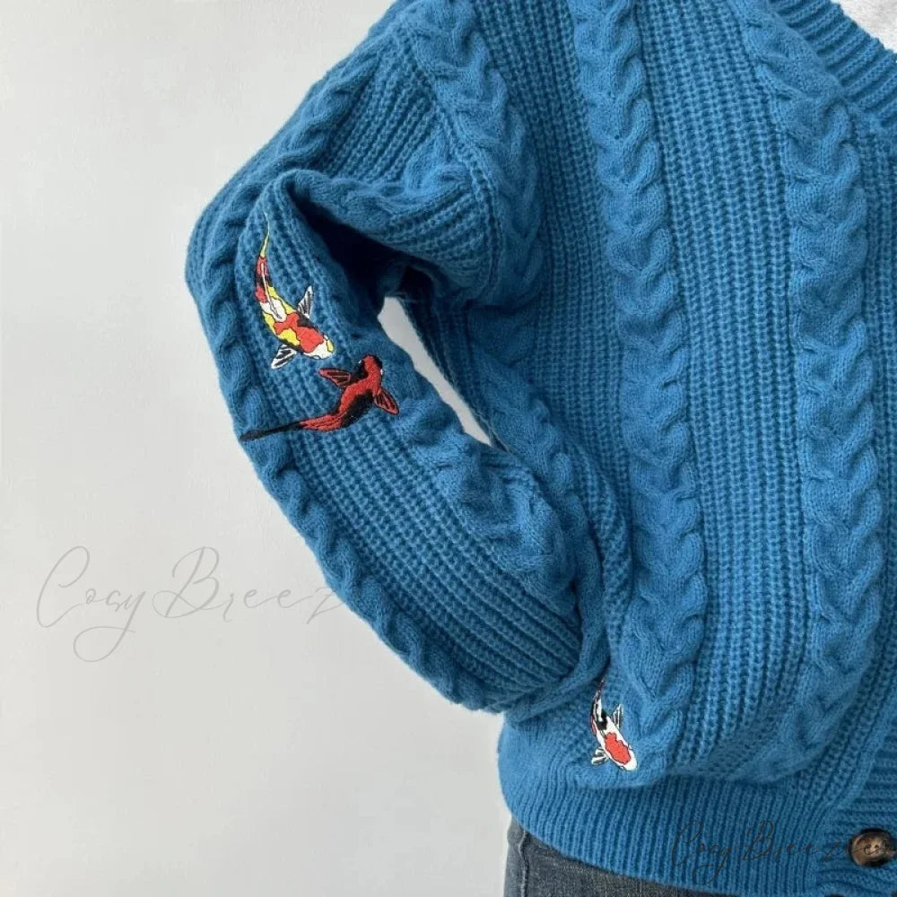Blue Koi V-neck Embroidered Cardigan cardigans-241228
