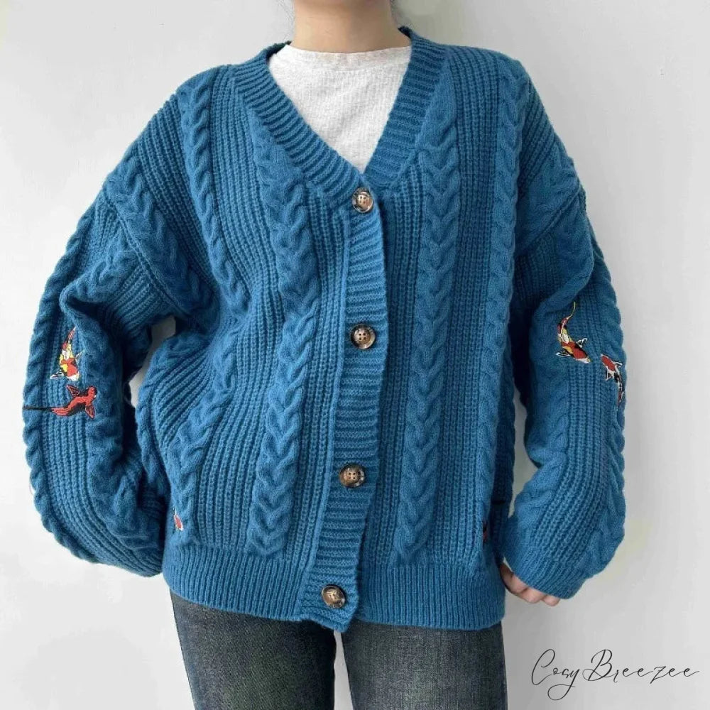 Blue Koi V-neck Embroidered Cardigan cardigans-241228