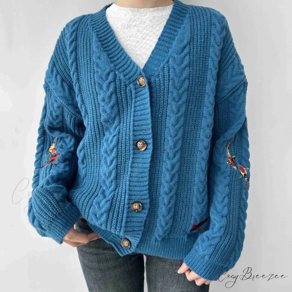 Blue Koi V-neck Embroidered Cardigan Blue / S cardigans-241228