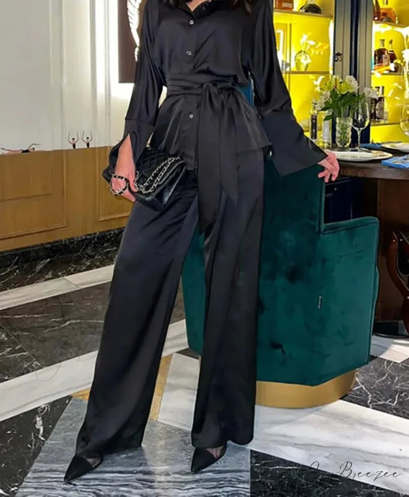 Blue Satin Lace-Up Straight Trousers Office Set Black / S officetwopieceset-250223