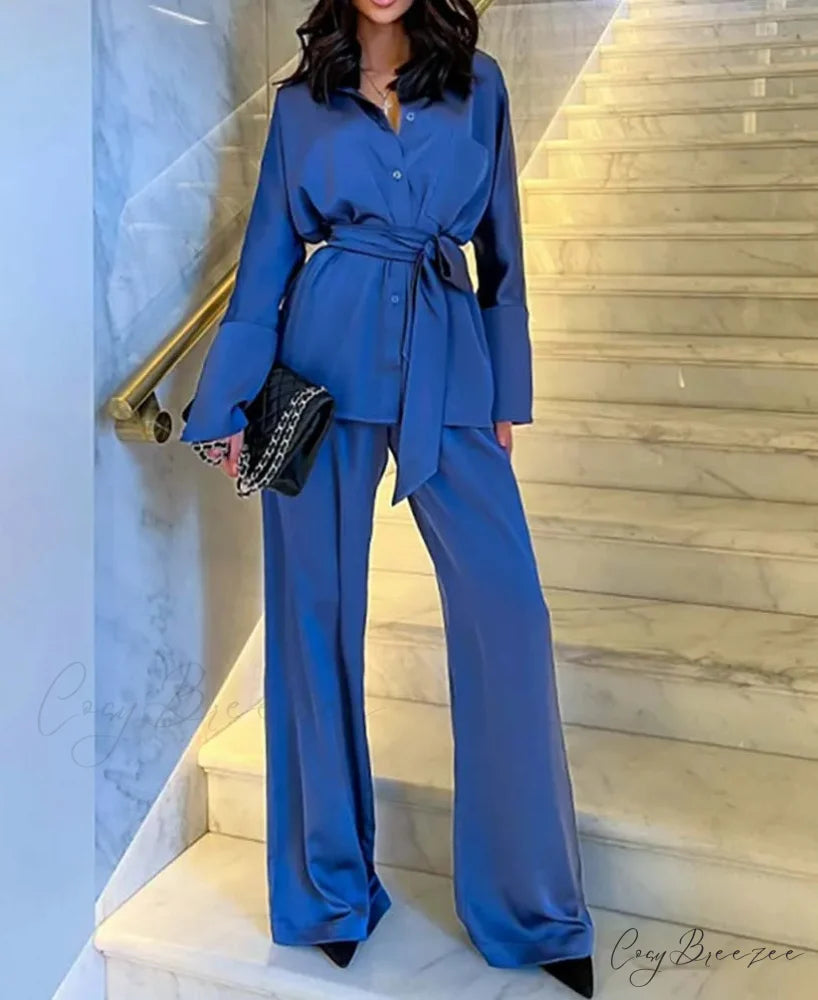 Blue Satin Lace-Up Straight Trousers Office Set Blue / S officetwopieceset-250223