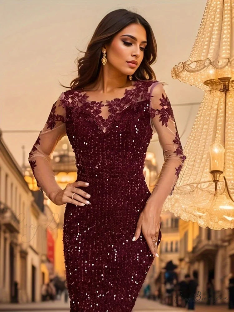 Blue Sequins O Neck Mesh Party Dress