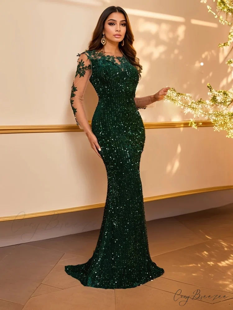 Blue Sequins O Neck Mesh Party Dress