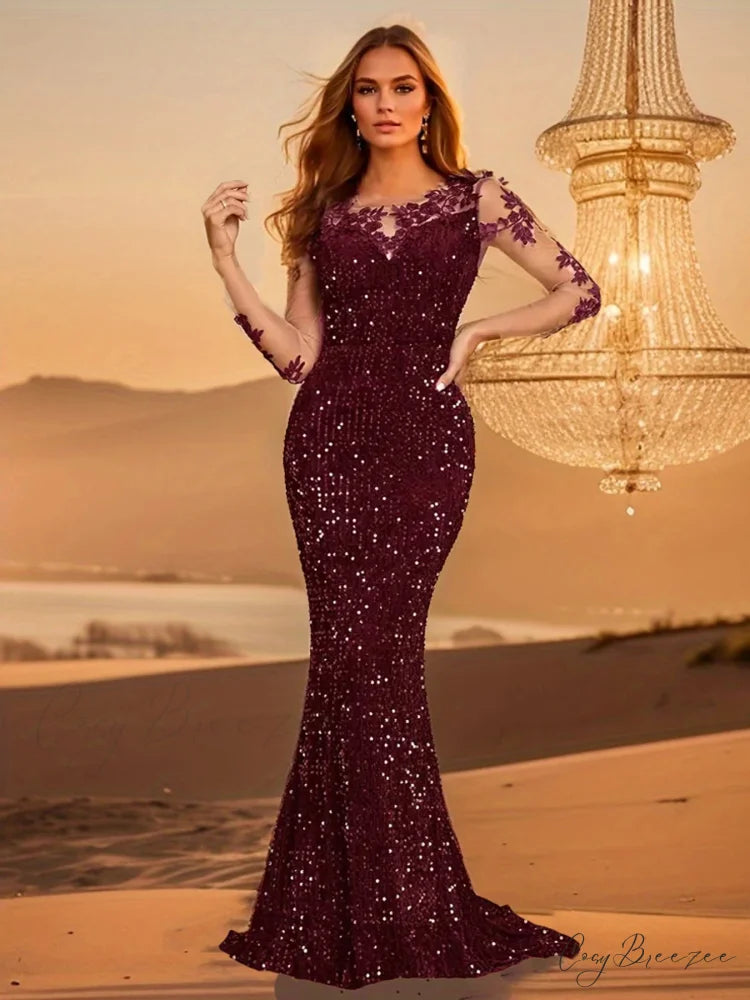 Blue Sequins O Neck Mesh Party Dress