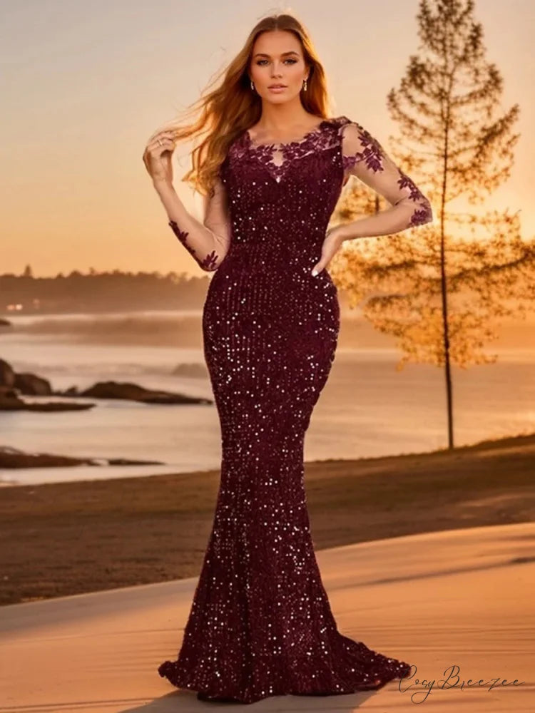 Blue Sequins O Neck Mesh Party Dress Burgundy / M