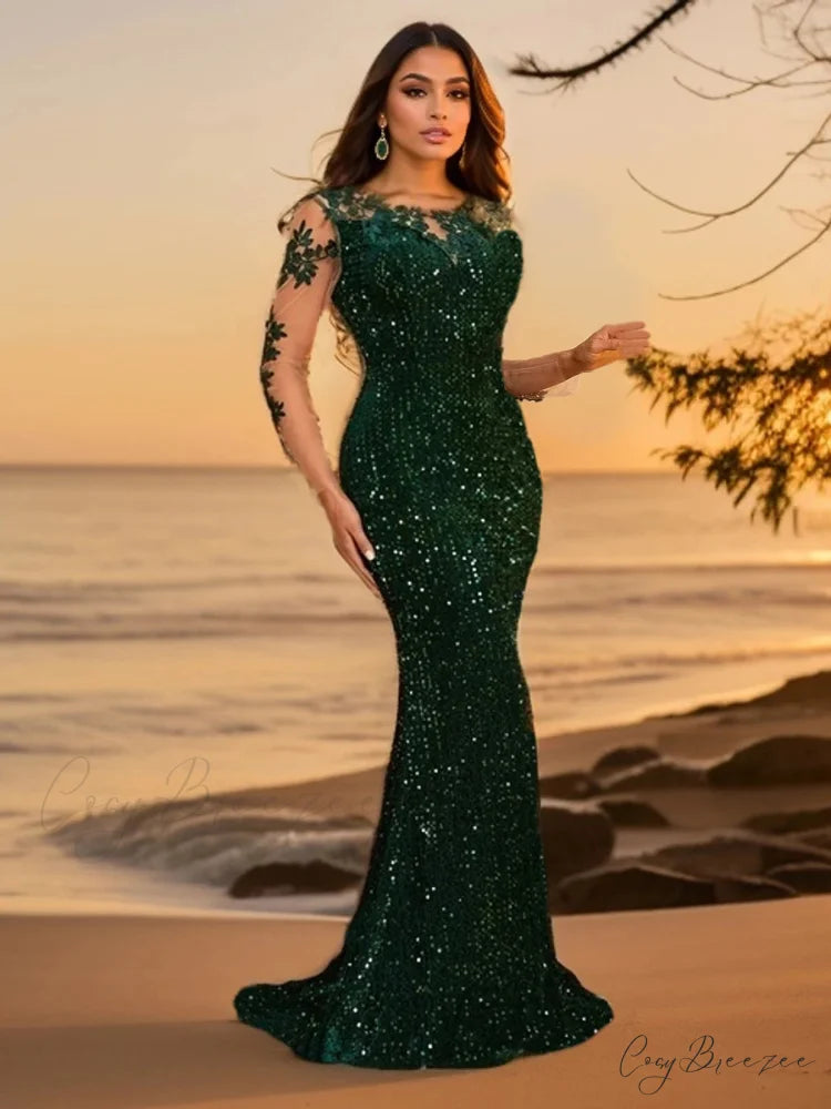 Blue Sequins O Neck Mesh Party Dress Green / M