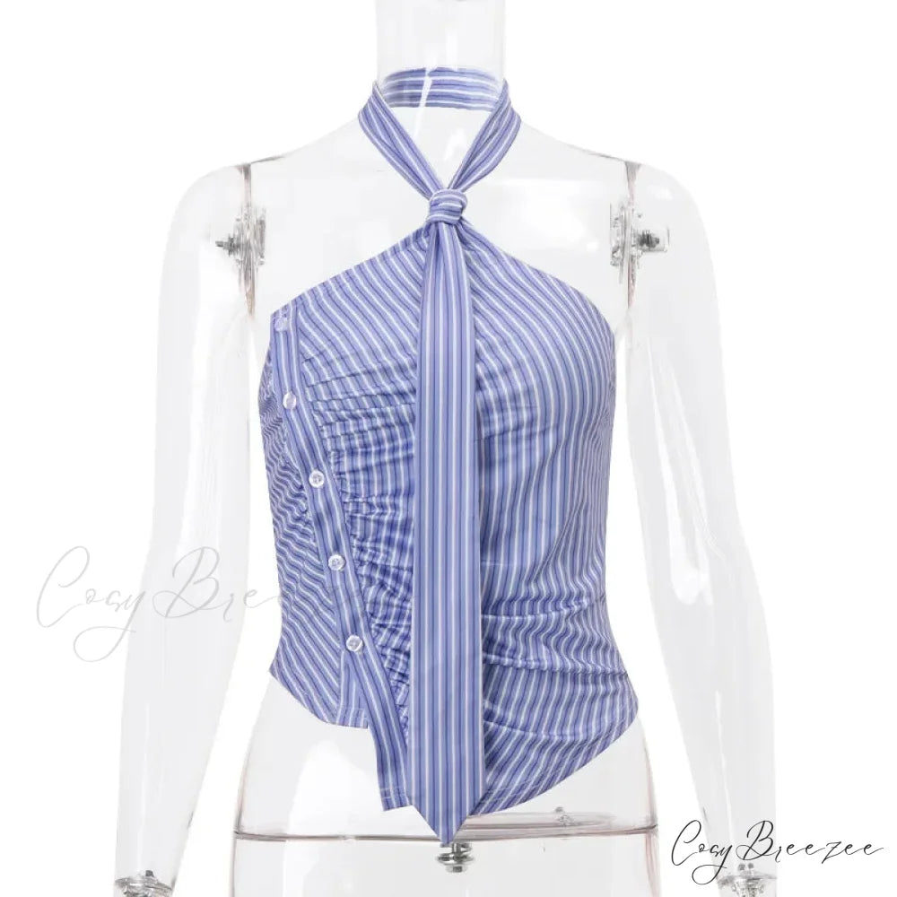 Blue Striped Halter Charming Tie Detail Top