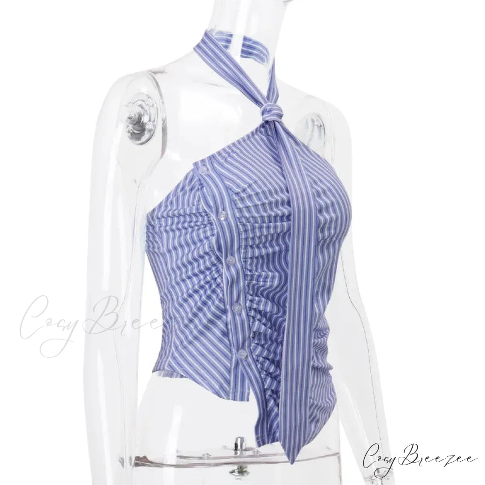 Blue Striped Halter Charming Tie Detail Top