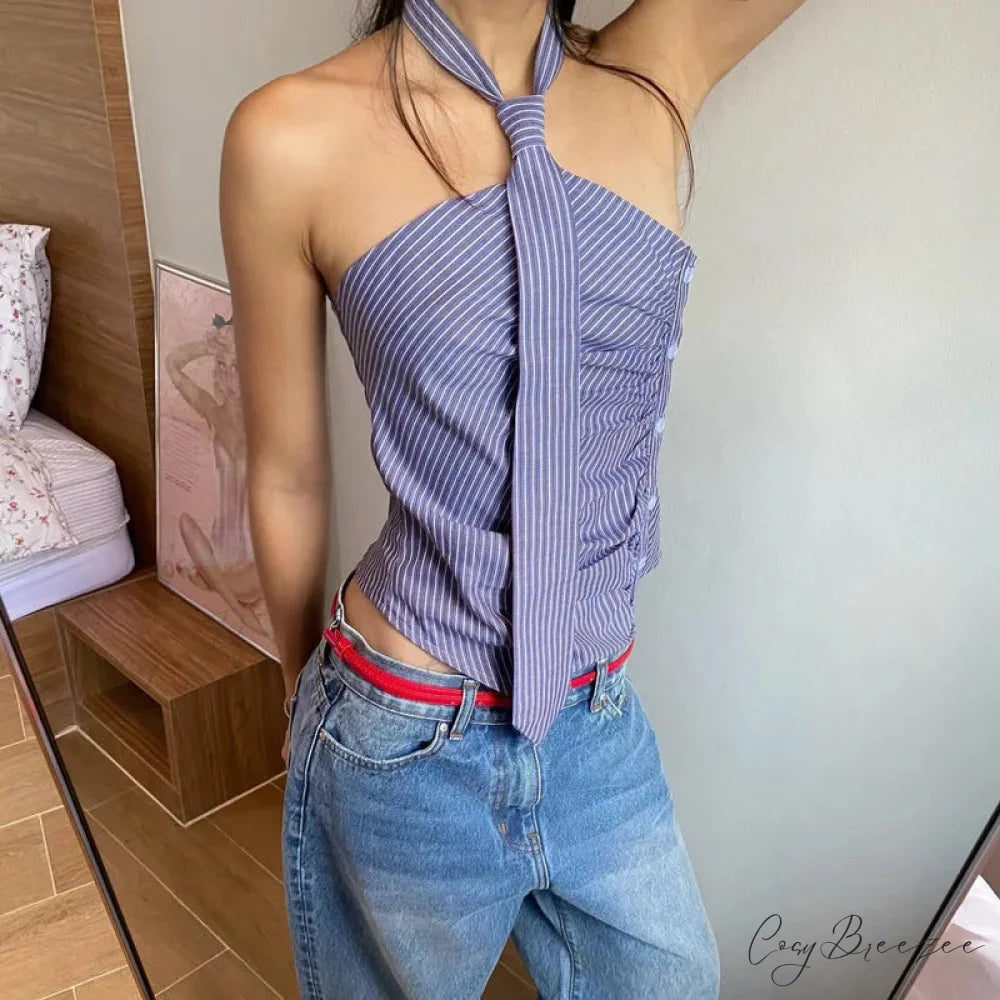 Blue Striped Halter Charming Tie Detail Top blue / S