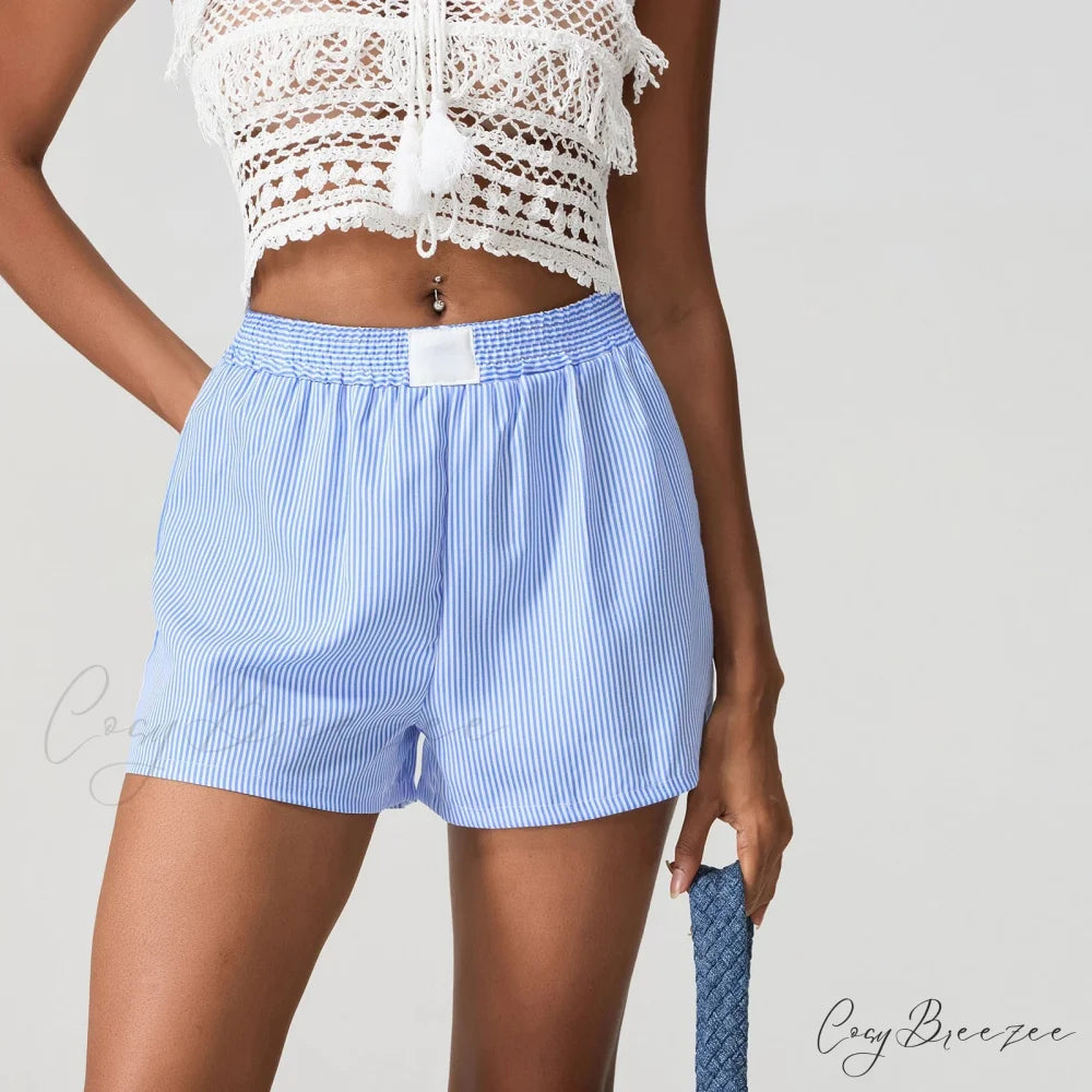 Blue Striped Loose Wide-Leg Shorts short-250223