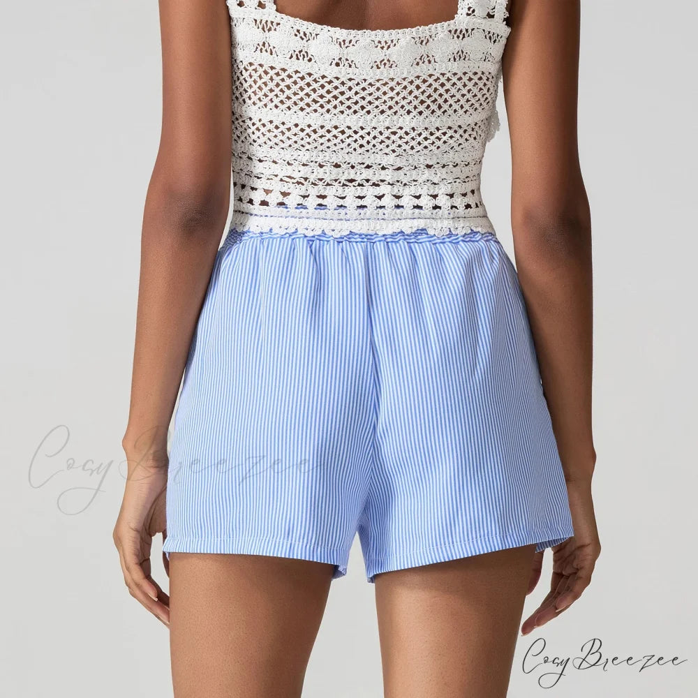 Blue Striped Loose Wide-Leg Shorts short-250223