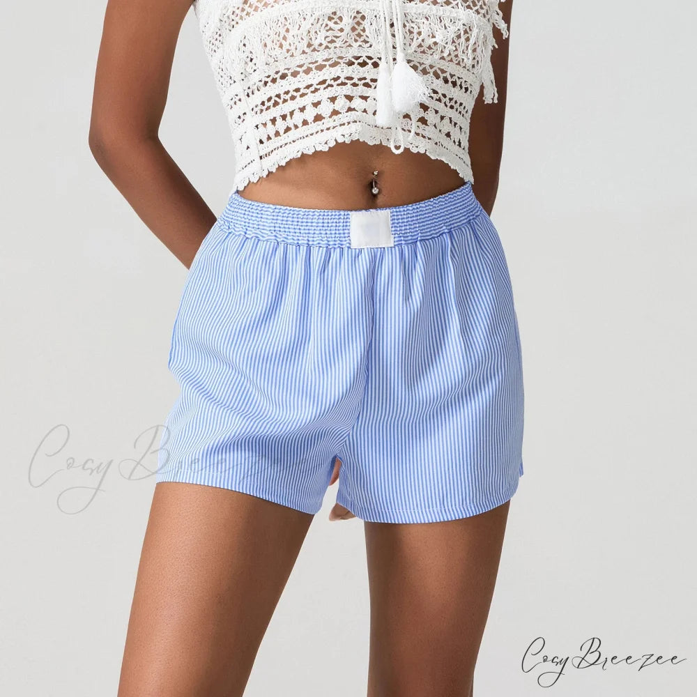 Blue Striped Loose Wide-Leg Shorts short-250223