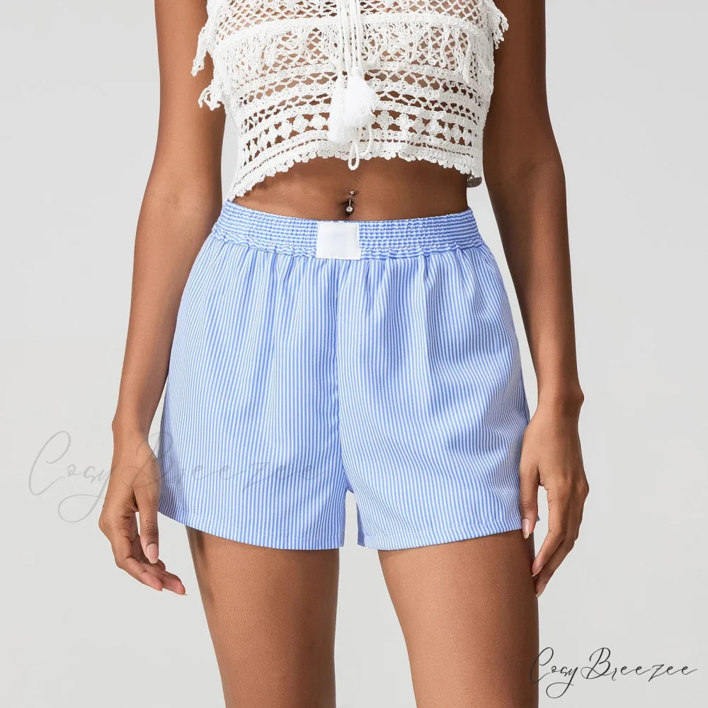 Blue Striped Loose Wide-Leg Shorts short-250223