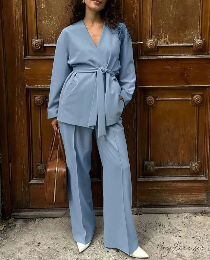 Blue V-Neck Lace-Up Trousers Office Set Blue / S officetwopieceset-250223