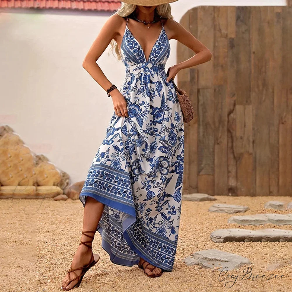 Blue White Porcelain Chiffon Floral Mini Dress oldfloraldress-250126