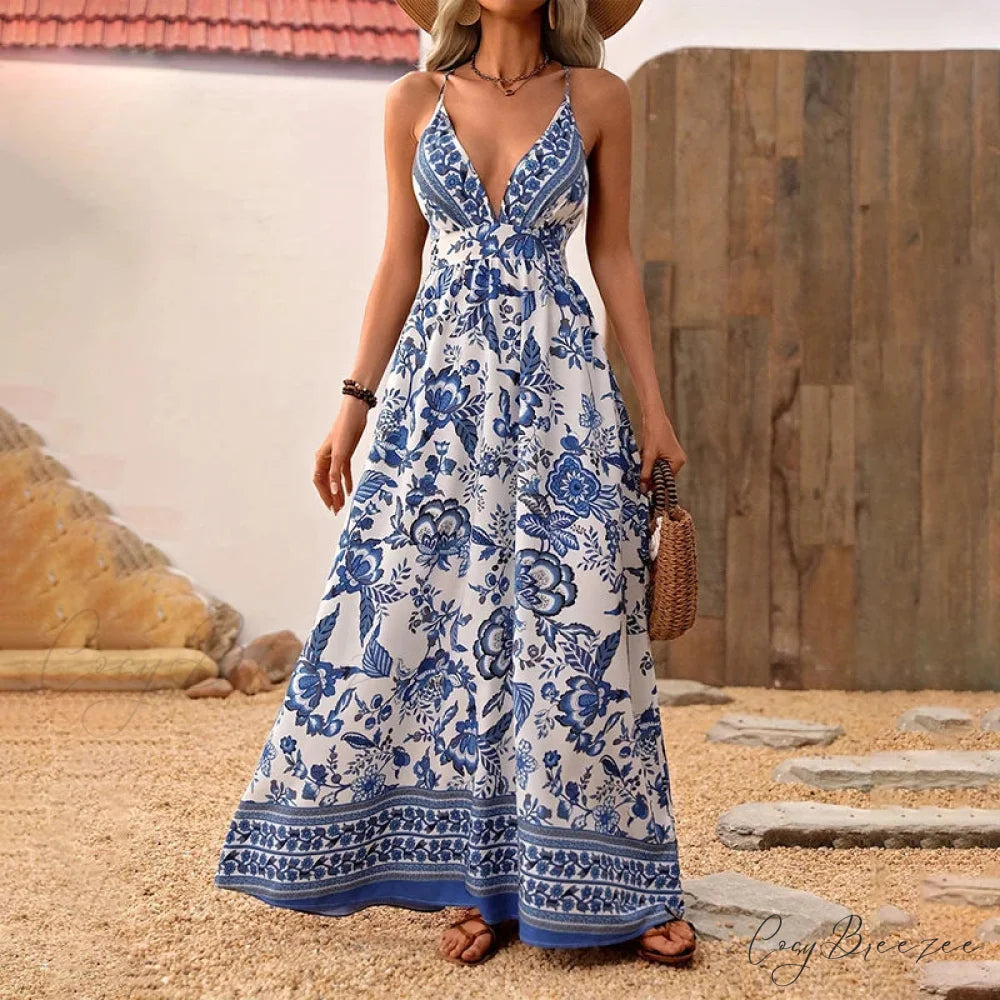 Blue White Porcelain Chiffon Floral Mini Dress oldfloraldress-250126
