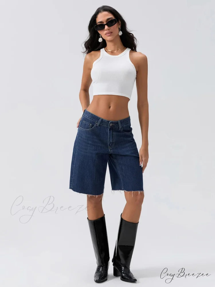 Blue Wide-Leg Denim Shorts short-250223