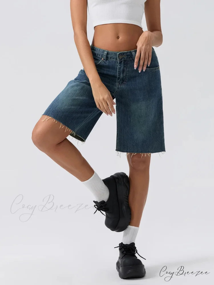 Blue Wide-Leg Denim Shorts short-250223