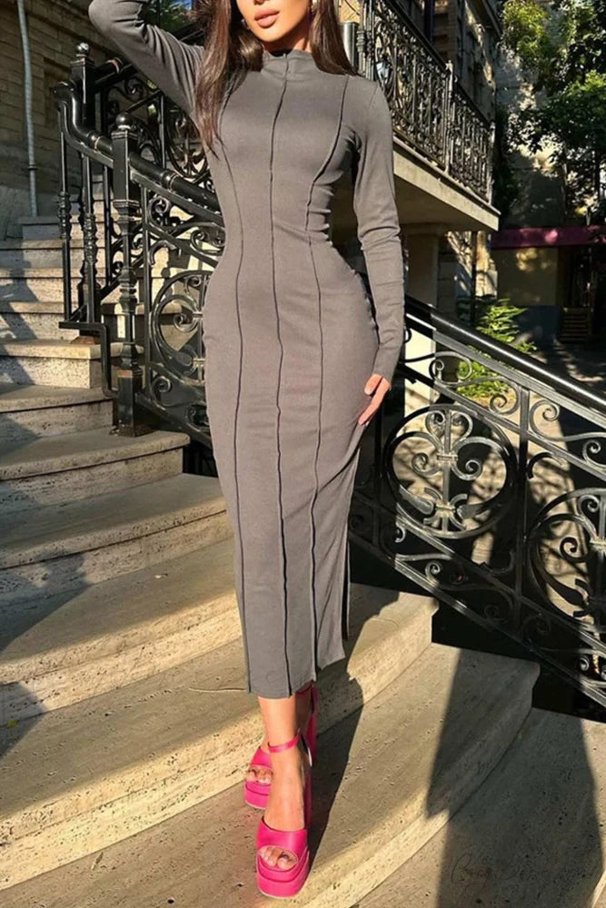 Bodycon Dress with Crew Neck and Slit Grey / XL