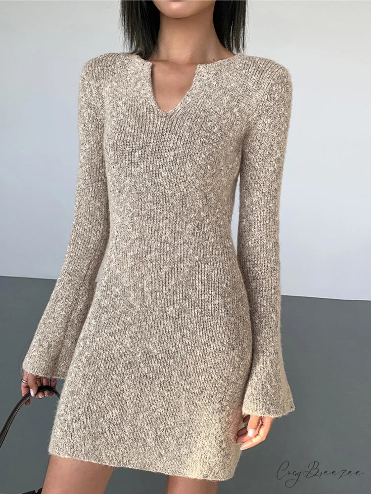 Bodycon V-neck Long Trendy Sleeve Mini Knit Dress