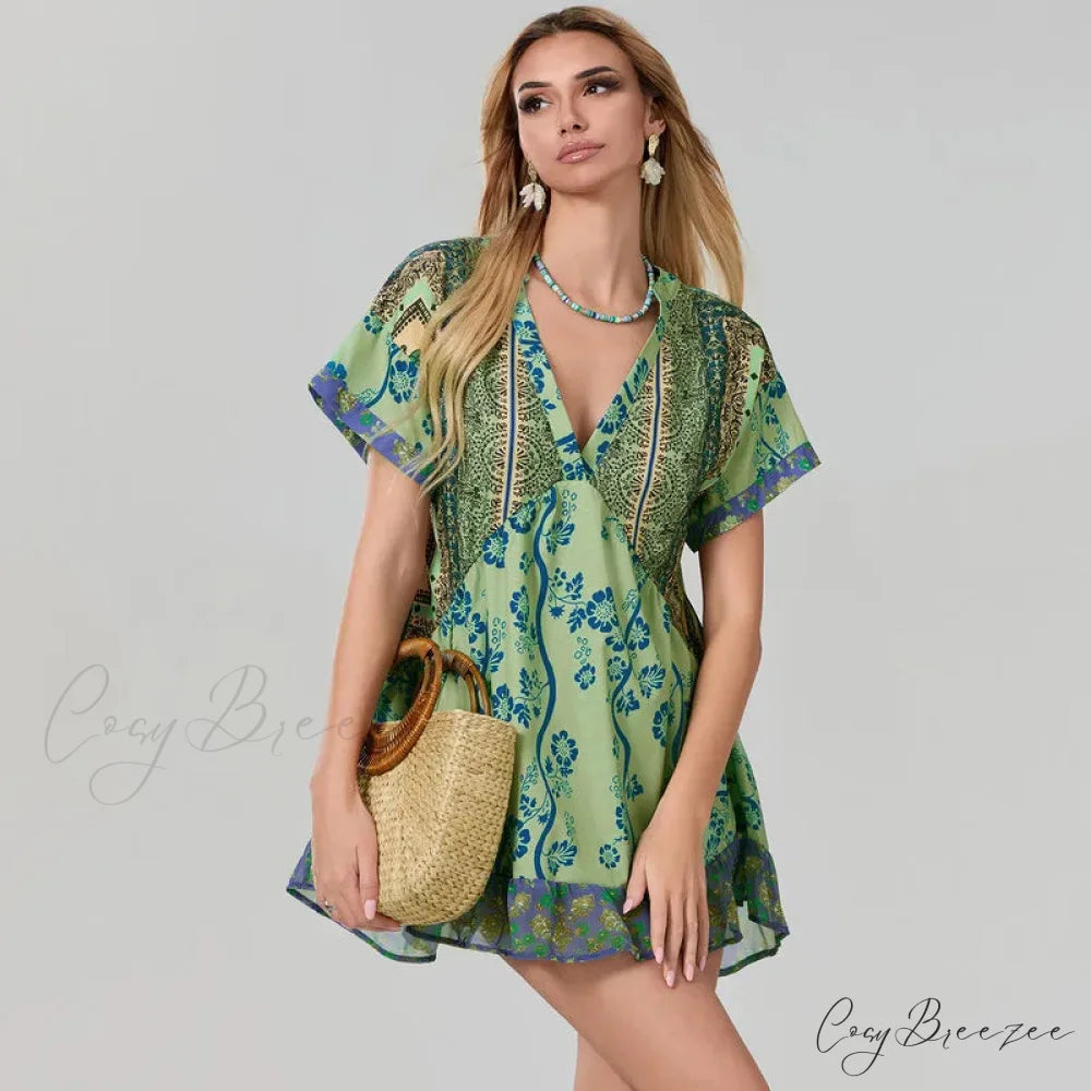Bohemian Beach Floral Print Flowy Dress with Pockets cloro3 / S oldfloraldress-250126