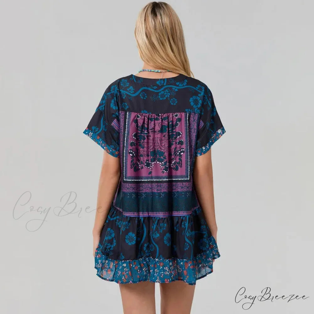 Bohemian Beach Floral Print Flowy Dress with Pockets oldfloraldress-250126